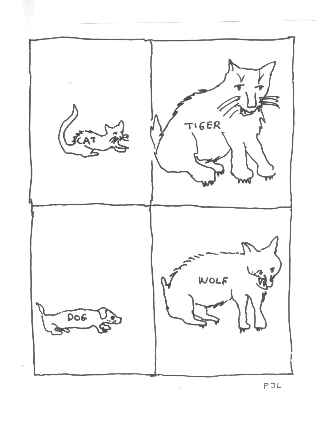 Cartoon reresenting the classification  of animals according to size (horizontally) or according to shape (vertically), ref.: drawing by the author ( P J Lewi)